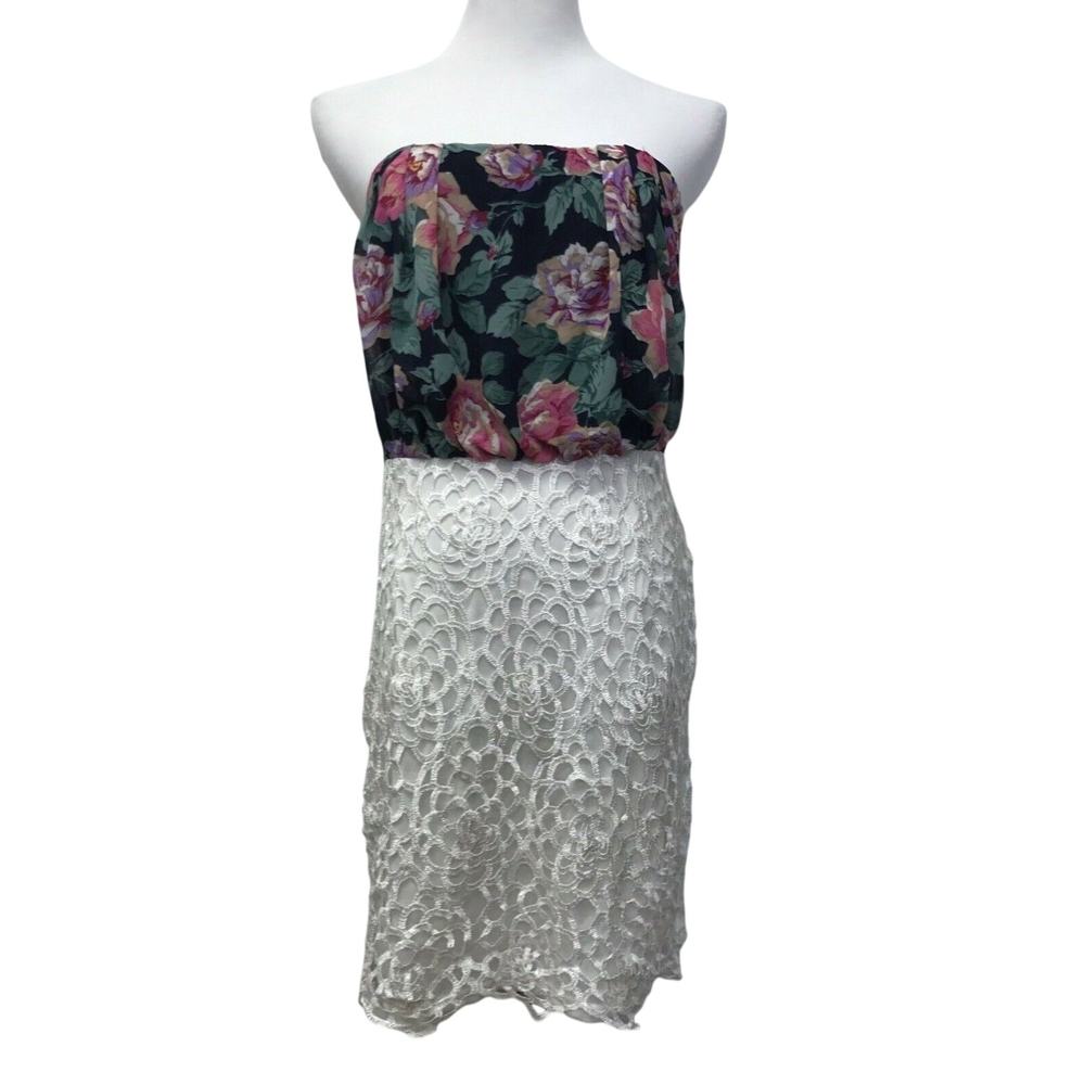 Naranka Dress Womens Large Strapless Black Floral Blouson Top White Bottom